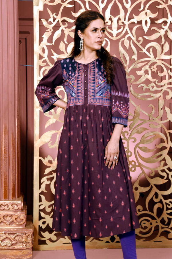 Regal Purple Cotton Printed & Embroidered Kurti